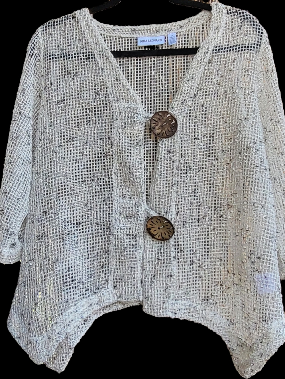 Nina Leonard Cream Open-Weave Button Cardigan with Wooden Buttons